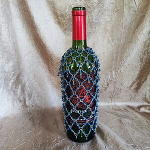 Blue Glass Beaded Wine Bottle Cover Decor Winery Bohemian Entertaining NEW